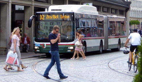 Tram and bus drivers need to be very aware of people in this "pedestrian zone"!! 